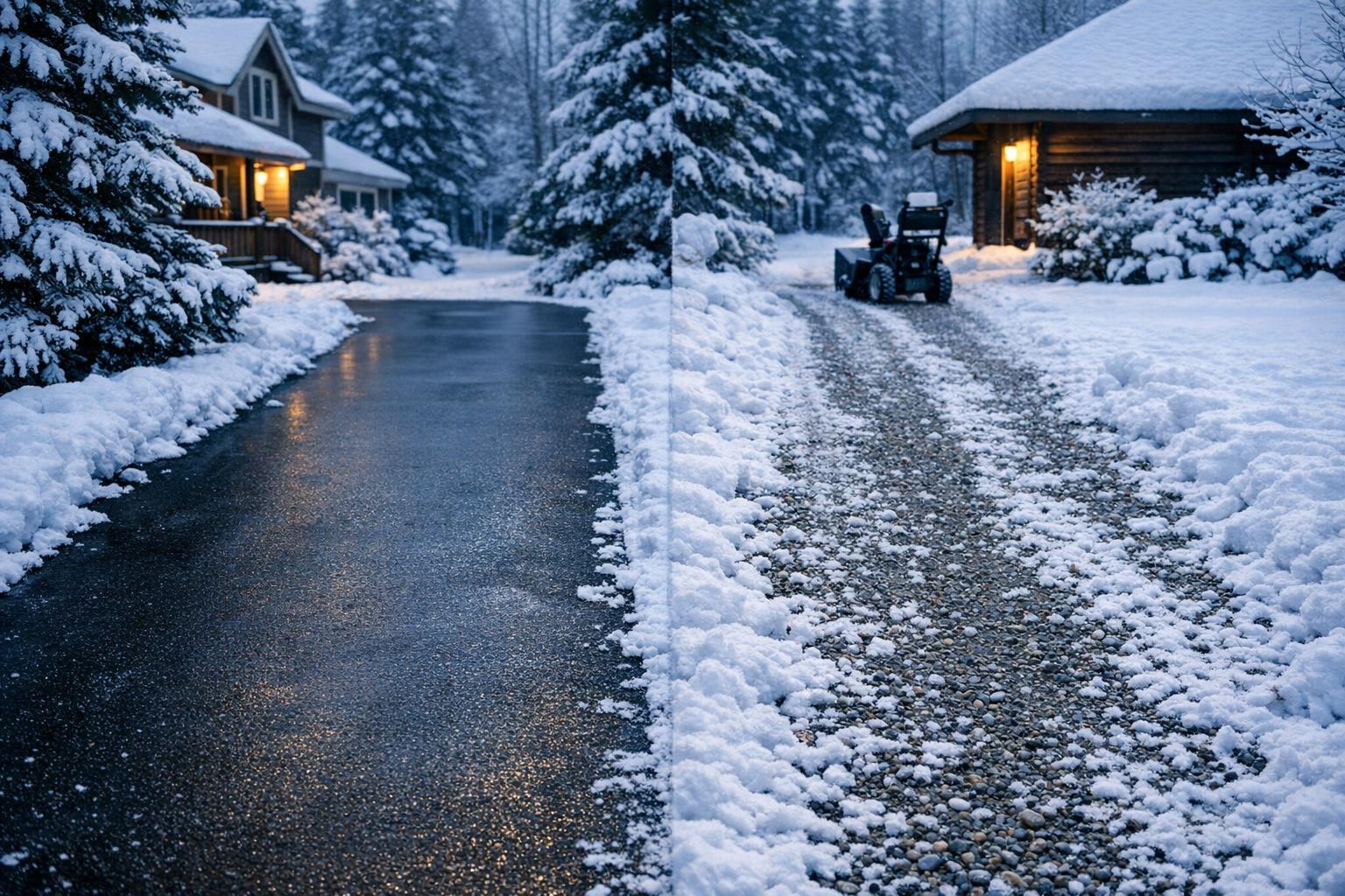 Gravel vs Paved Driveways: Skid Shoes, Clearance and Surface Protection AI-generated editorial illustration.